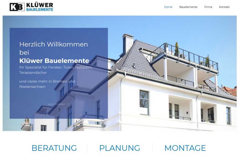 Screenshot der Homepage kluewer-bauelemente.de im Desktop-Format