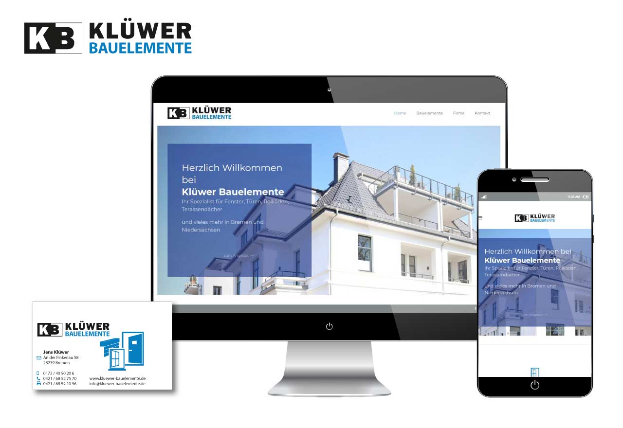 Bild von der Homepage kluewer-bauelemente.de im Desktop- und Smartphone Format, Vistenkarte und Logo.