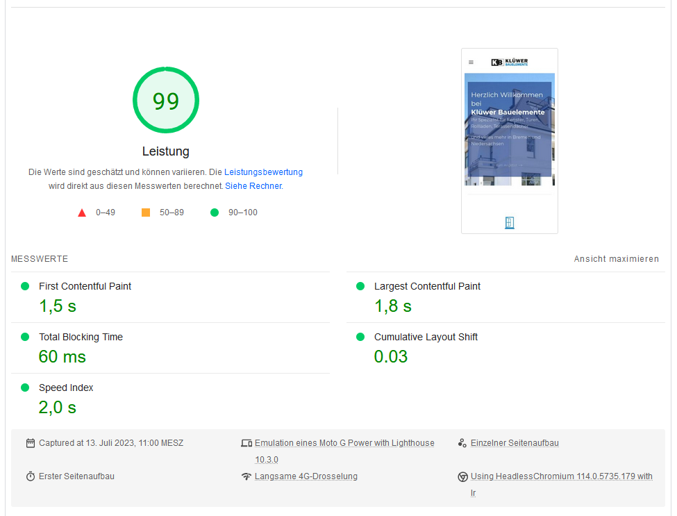 Screenshot Google - PageSpeed Insights für die Website https://kluewer-bauelemente.de